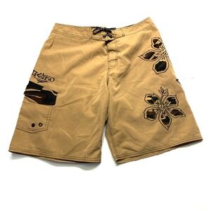 Gecko Hawaii Board Shorts Men's 36 Brown Floral Pockets Drawstring Swimwear
